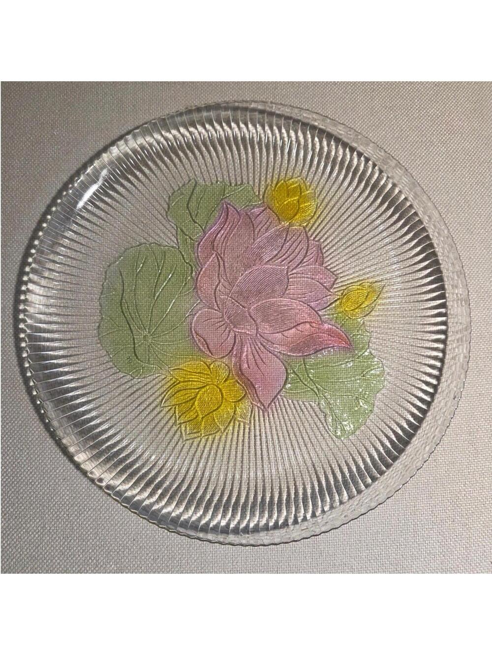 Vintage KIG Malaysia Glass Lotus Platter Water Lily Ribbed Tray 12.5 in